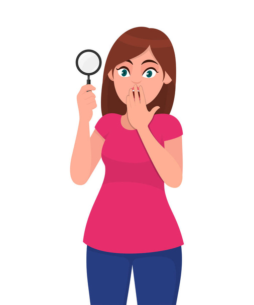 shocked young woman showing magnifying glass and covering mouth with hand. Female character design illustration. Human emotions, facial expressions, feelings concept in vector cartoon. - Vector, Image