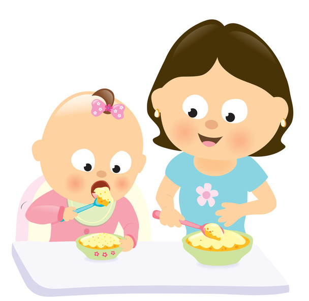彼女を見ての赤ちゃん女の子食べる w ママ - ベクター画像