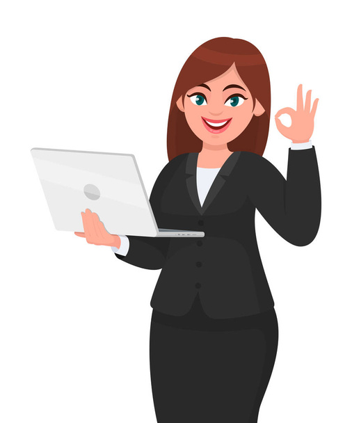 Молодая деловая женщина держит новый цифровой ноутбук и показывает знак жеста ОК. Женская иллюстрация дизайна персонажей. Современный образ жизни, гаджет, технологическая концепция в стиле векторной карикатуры
. - Вектор,изображение