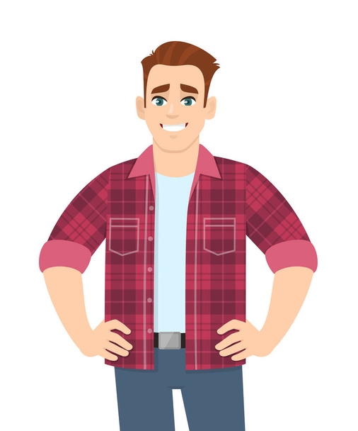 Happy young man standing and holding hands on hips. Stylish trendy person wearing casual fashion costume. Male character design illustration. Modern lifestyle concept in vector cartoon style. - Vector, Image