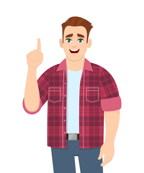 Trendy young man pointing hand index finger up. Stylish happy person showing, gesturing or making one sign with hand. Male character design illustration. Idea/solution concept in vector cartoon style. - Vector, Image