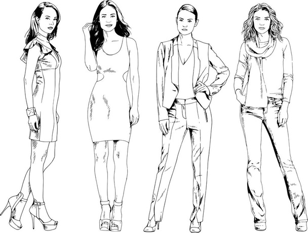 beautiful slim girl in casual clothes, drawn in ink by hand - Vector, Image