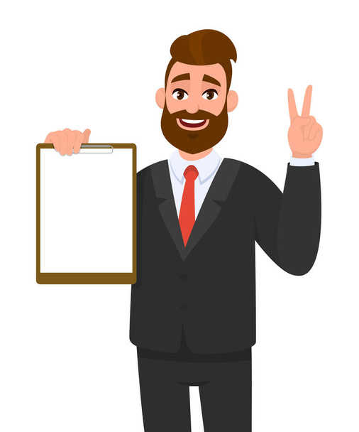 Jonge zakenman toont blanco klembord en maakt overwinning, V, vrede of twee gebaren handteken. Persoon met notitieblok. Man karakter ontwerp illustratie. Menselijke expressie, gebaar in vectorcartoon - Vector, afbeelding