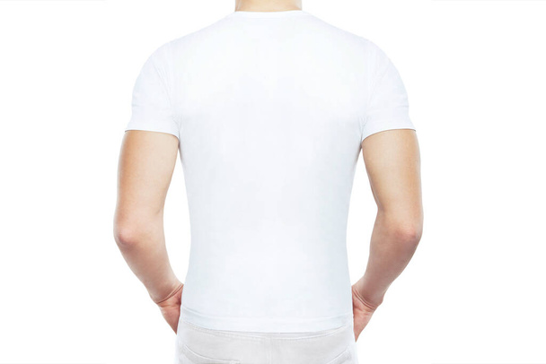 White t shirt mock up. People concept close up of young man in blank white t-shirt back view, isolated on white background with clipping path. Men t-shirt and clothes template and mock-up for print - Zdjęcie, obraz
