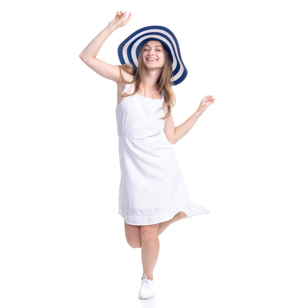 Woman in dress and summer hat smiling happiness dancing - Φωτογραφία, εικόνα