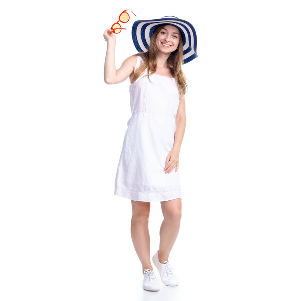 Woman in dress and summer hat, sunglasses smiling happiness standing - Foto, Imagen