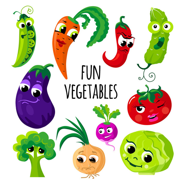 Set of vegetables with funny faces. Vector image isolated on a white background. The illustration is made in a cartoon style. - Vector, Image