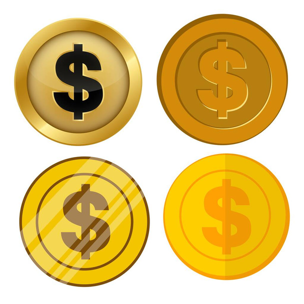 four different style gold coin with us dollar currency symbol vector set - Vector, Image