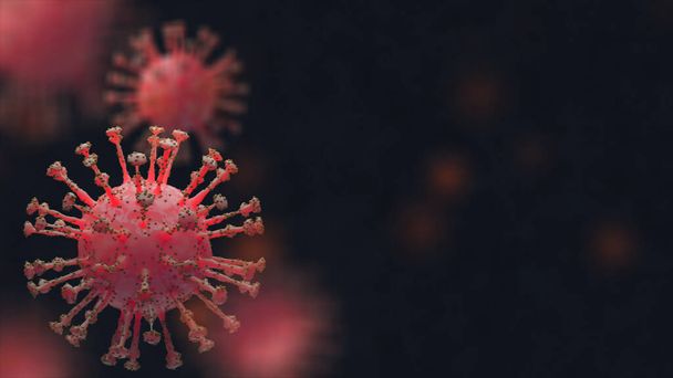 Vírussejtek csoportja, coronavirus 2019 járvány (covid19), Wuhan - Kína vírus fertőzés sötét alapon, önkarantén, koronavírus kitörés koncepció, 3D illusztráció. másolás hely banner. - Fotó, kép
