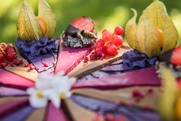 close-up de um bolo colorido cru vegan com frutas
 - Foto, Imagem