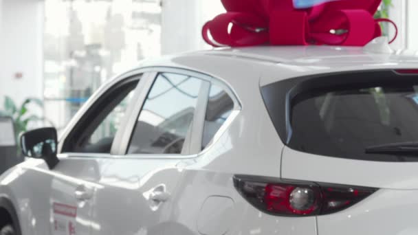 Красива жінка посміхається до камери при виборі нового автомобіля
 - Кадри, відео