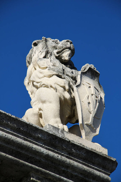 Kő márvány oroszlán nagy pajzs áll büszkén ellen kék ég Perast, Montenegró - Fotó, kép