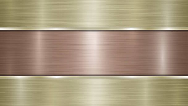 Hintergrund bestehend aus einer bronzeglänzenden metallischen Oberfläche und zwei horizontal polierten goldenen Platten, die sich oben und unten befinden, mit metallischer Struktur, grellen Farben und polierten Kanten - Vektor, Bild