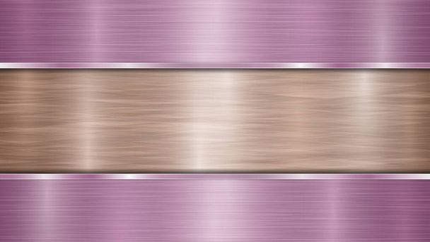 Fondo compuesto por una superficie metálica brillante de bronce y dos placas púrpuras pulidas horizontales situadas por encima y por debajo, con una textura metálica, reflejos y bordes bruñidos
 - Vector, imagen