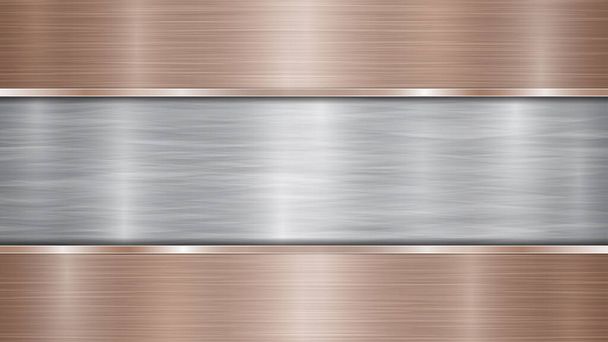 Hintergrund bestehend aus einer silbrig glänzenden metallischen Oberfläche und zwei horizontal geschliffenen Bronzeplatten, die sich oben und unten befinden, mit metallischer Struktur, grellen und polierten Kanten - Vektor, Bild