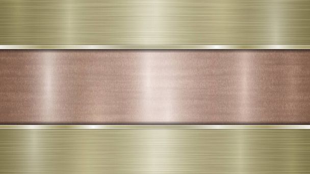 Фон, состоящий из бронзовой блестящей металлической поверхности и двух горизонтальных полированных золотых пластин, расположенных сверху и снизу, с металлической текстурой, блестками и закрашенными краями
 - Вектор,изображение
