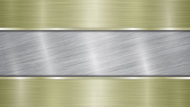 Arrière-plan composé d'une surface métallique brillante argentée et de deux plaques horizontales dorées polies situées au-dessus et en dessous, avec une texture métallique, des reflets et des bords brunis
 - Vecteur, image