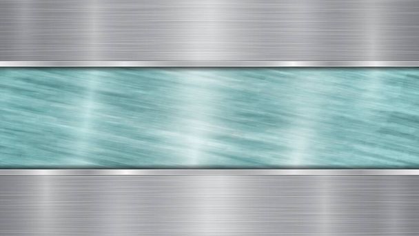 Hintergrund bestehend aus einer hellblau glänzenden metallischen Oberfläche und zwei horizontal geschliffenen Silberplatten, die sich oben und unten befinden, mit einer Metallstruktur, grellen Farben und polierten Kanten - Vektor, Bild