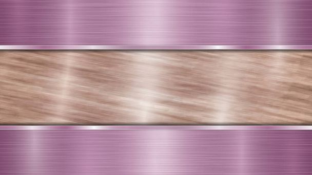 Hintergrund bestehend aus einer bronzeglänzenden metallischen Oberfläche und zwei horizontal polierten violetten Platten, die sich oben und unten befinden, mit einer Metallstruktur, grellen und polierten Kanten - Vektor, Bild