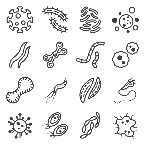 Een set van virussen en bacteriën iconen van verschillende vormen en doeleinden - wormen, vormloze amoebe met en zonder antennes. Geïsoleerde vector op een witte achtergrond. - Vector, afbeelding