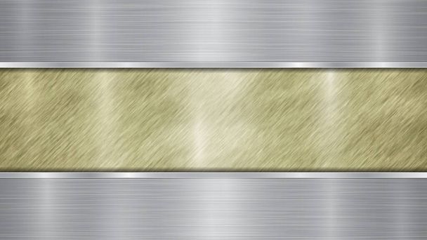 Háttér, amely egy arany fényes fémes felületből és két vízszintesen csiszolt ezüstlemezből áll, amelyek fölötte és alatta helyezkednek el, fémszerkezettel, csillogással és fényezett élekkel - Vektor, kép