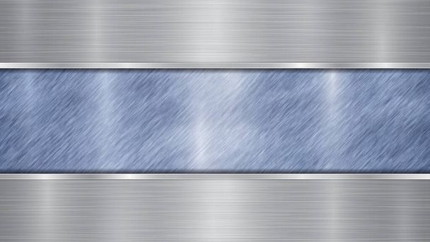 Fondo compuesto por una superficie metálica azul brillante y dos placas horizontales de plata pulida situadas por encima y por debajo, con textura metálica, reflejos y bordes bruñidos
 - Vector, Imagen