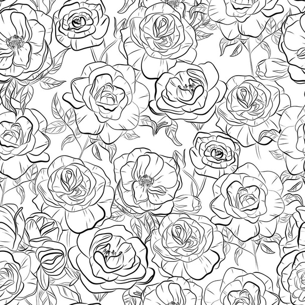 Vector floral seamless pattern. Black and white background with outline hand drawn rose flowers. Design concept for fabric design, textile print, wrapping paper. Coloring book for adults - Vetor, Imagem