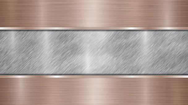 Hintergrund bestehend aus einer silbrig glänzenden metallischen Oberfläche und zwei horizontal geschliffenen Bronzeplatten, die sich oben und unten befinden, mit metallischer Struktur, grellen und polierten Kanten - Vektor, Bild