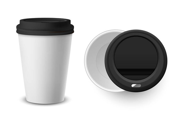 Vector 3d Realistic White Disposable Closed Paper, Plastic Coffee Cup for Drinks with Black Lid Set Closeup Isolated on White Background. Design Template, Mockup. Top and Front View - Vetor, Imagem