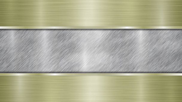 Hintergrund bestehend aus einer silbrig glänzenden metallischen Oberfläche und zwei horizontal polierten goldenen Platten, die sich oben und unten befinden, mit metallischer Struktur, grellen Farben und polierten Kanten - Vektor, Bild