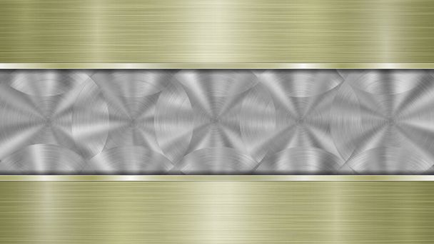 Fondo compuesto por una superficie metálica brillante plateada y dos placas doradas pulidas horizontales situadas por encima y por debajo, con textura metálica, reflejos y bordes bruñidos
 - Vector, Imagen