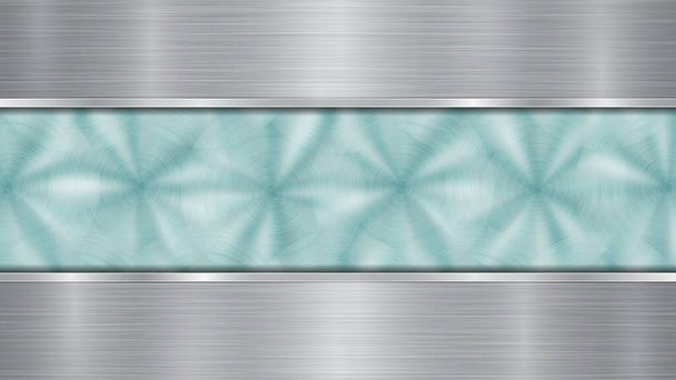 Tło składające się z jasnoniebieskiej błyszczącej metalicznej powierzchni i dwóch poziomo polerowanych srebrnych płyt umieszczonych powyżej i poniżej, o metalowej fakturze, odblaskach i pomalowanych krawędziach - Wektor, obraz