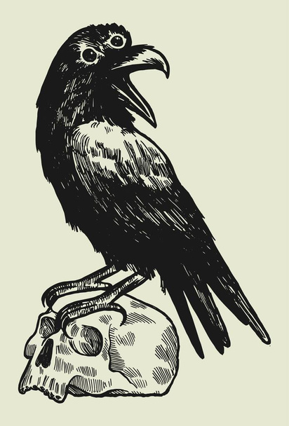 Tree eyed raven standing on human skull vintage dark art illustration t-shirt print - Vector, Image