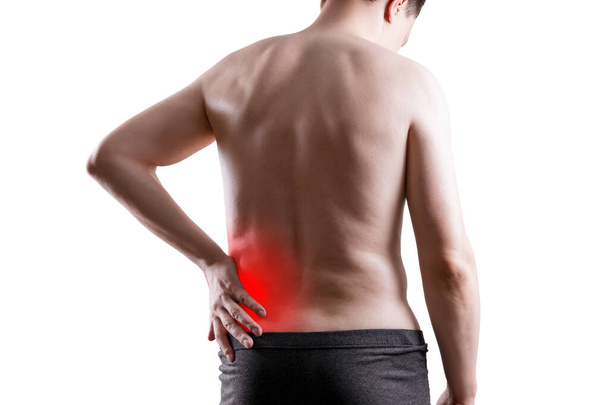 Kidney stones, pain in a man's body isolated on white background, chronic diseases of the urinary system concept, painful area highlighted in red - Fotó, kép
