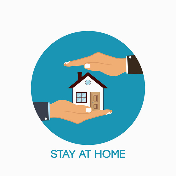 Bleiben Sie zu Hause. Slogan auf dem Schild mit Handflächen schützen das Haus des Coronavirus, COVID-19. Bleiben Sie zu Hause Aufkleber oder Symbol. Vektorillustration. - Vektor, Bild