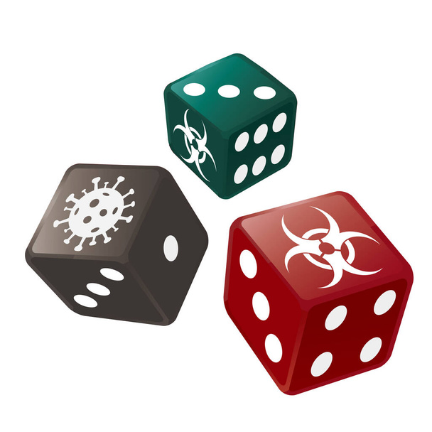 Casino Dice biovaara ja sepelvaltimovirus symboleja. Kolmen värikkään nopan kuvitus symboloi terveysriskiä pandemian aikana. Vektori saatavilla
. - Vektori, kuva