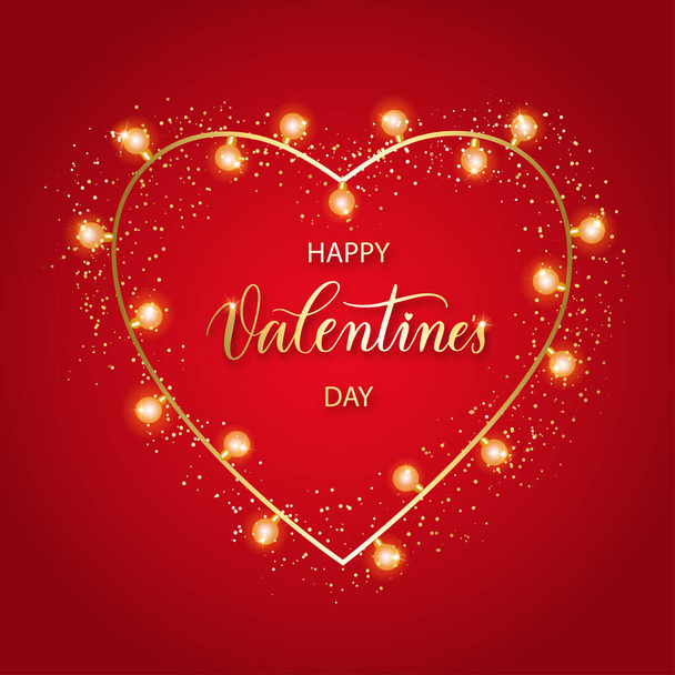 Valentine's Day background with 3d red heart, lights and lettering. Holiday card illustration on red background. - Vector, Image