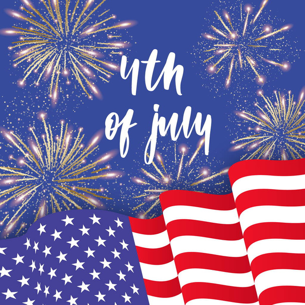 Unabhängigkeitstag der USA. Banner mit schwenkenden amerikanischen Nationalflaggen und Feuerwerk. 4. Juli Vektor-Plakatvorlage. - Vektor, Bild