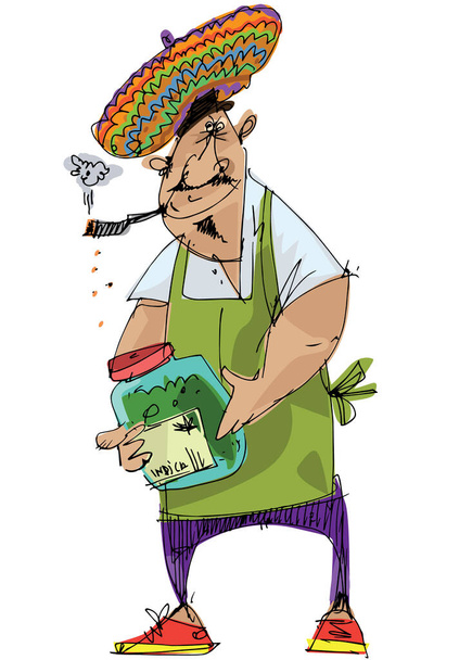 A cannabis vendor rasta man in yamayka style beret holds marijuana leaf and big bottle full of weeds. Caricature. Cartoon. - Vector, Image
