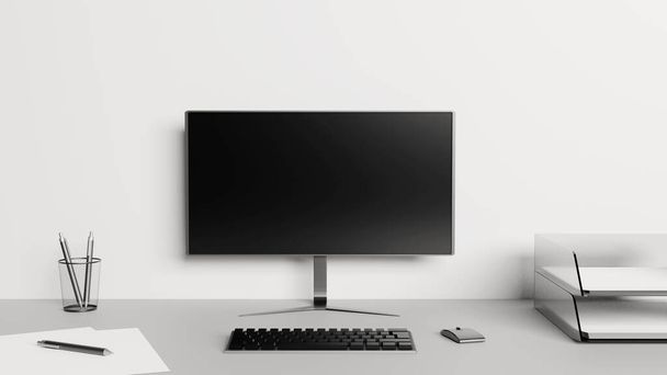 Schreibtisch mit Computerbildschirm, Tastatur, Maus, Papieren und Stiften. Home Office Konzept. 3D-Rendering. - Foto, Bild