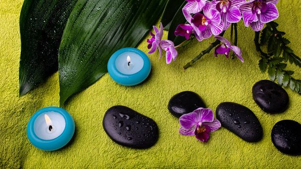 voňavé svíčky, orchideje a kameny pro masáž zakryté kapkami vody na zeleném pozadí - Fotografie, Obrázek