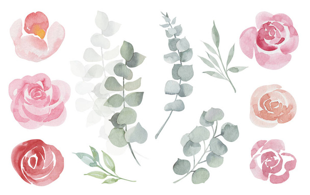 Vintage pink and purple flowers watercolour set. Rose blossom. greeting, invitation, wedding, birthday card. Botanical illustration. Green leaves - Φωτογραφία, εικόνα