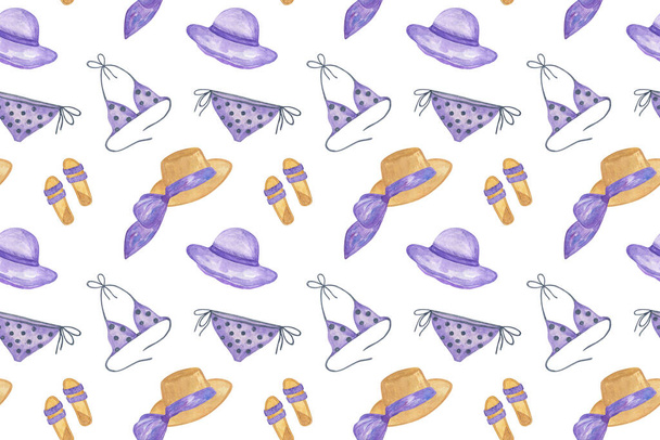 Повторите шаблон летних пляжных элементов в фиолетовых шляпах, купальнике, шлепанцах, простом бесшовном орнаменте для изготовления текстиля, тканей, цифровой бумаги, изображения для летнего отдыха и праздничного дизайна
 - Фото, изображение
