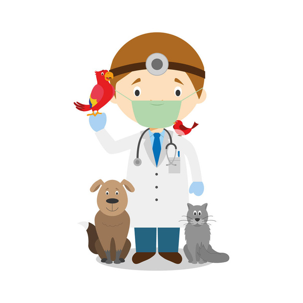 Cute cartoon vector illustration of a veterinarian with surgical mask and latex gloves as protection against a health emergency - Vector, Image