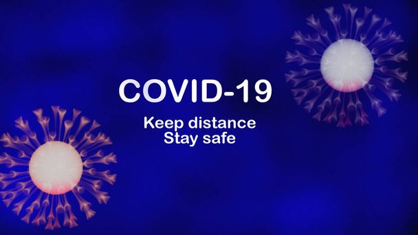 3D απεικόνιση του covid 19 με μήνυμα Κρατήστε απόσταση μείνετε ασφαλείς aimd σε βοήθεια με την προώθηση της κοινωνικής αποστάσεων - Φωτογραφία, εικόνα