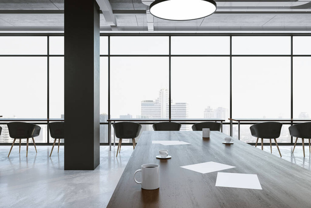 Minimalistic office room with chairs, table and panoramic city view. Workplace and lifestyle concept. 3D Rendering - Φωτογραφία, εικόνα