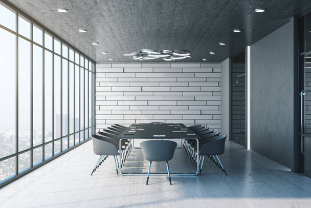 Sala de conferencias con vista panorámica a la ciudad y pared de ladrillo en blanco. Concepto de lugar de trabajo y estilo de vida. Renderizado 3D
 - Foto, imagen