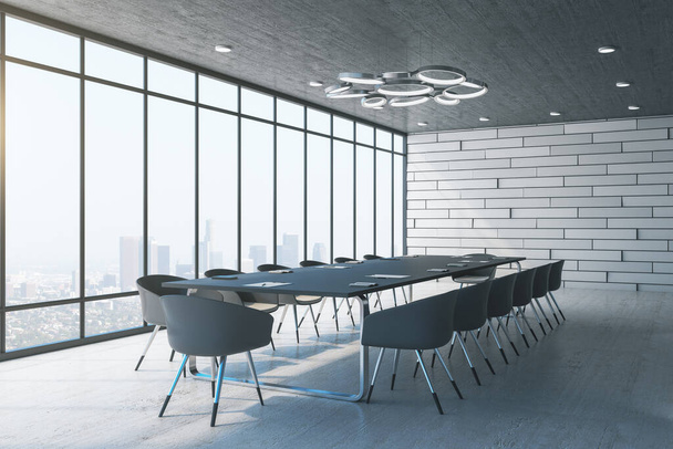 Moderno interior de la oficina de conferencias con vistas panorámicas a la ciudad. Concepto de lugar de trabajo y estilo de vida. Renderizado 3D
 - Foto, imagen