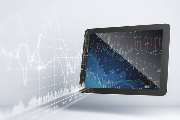 Close up of digital tablet with stock chart hologram. Global business and information concept. Mock up, 3D Rendering - Zdjęcie, obraz