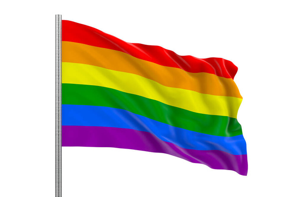 Renderowanie 3D. Wiatr macha flagą tęczy LGBTQ z ścieżką wycinania izolowane na białym tle. - Zdjęcie, obraz